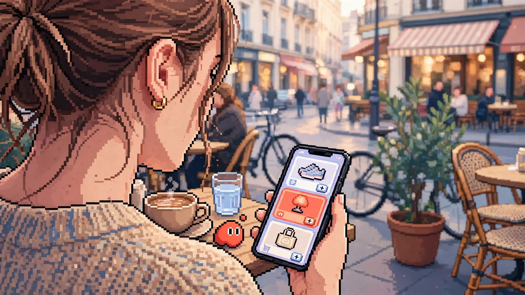 A woman on a café terrace scrolling a shopping app on her phone.